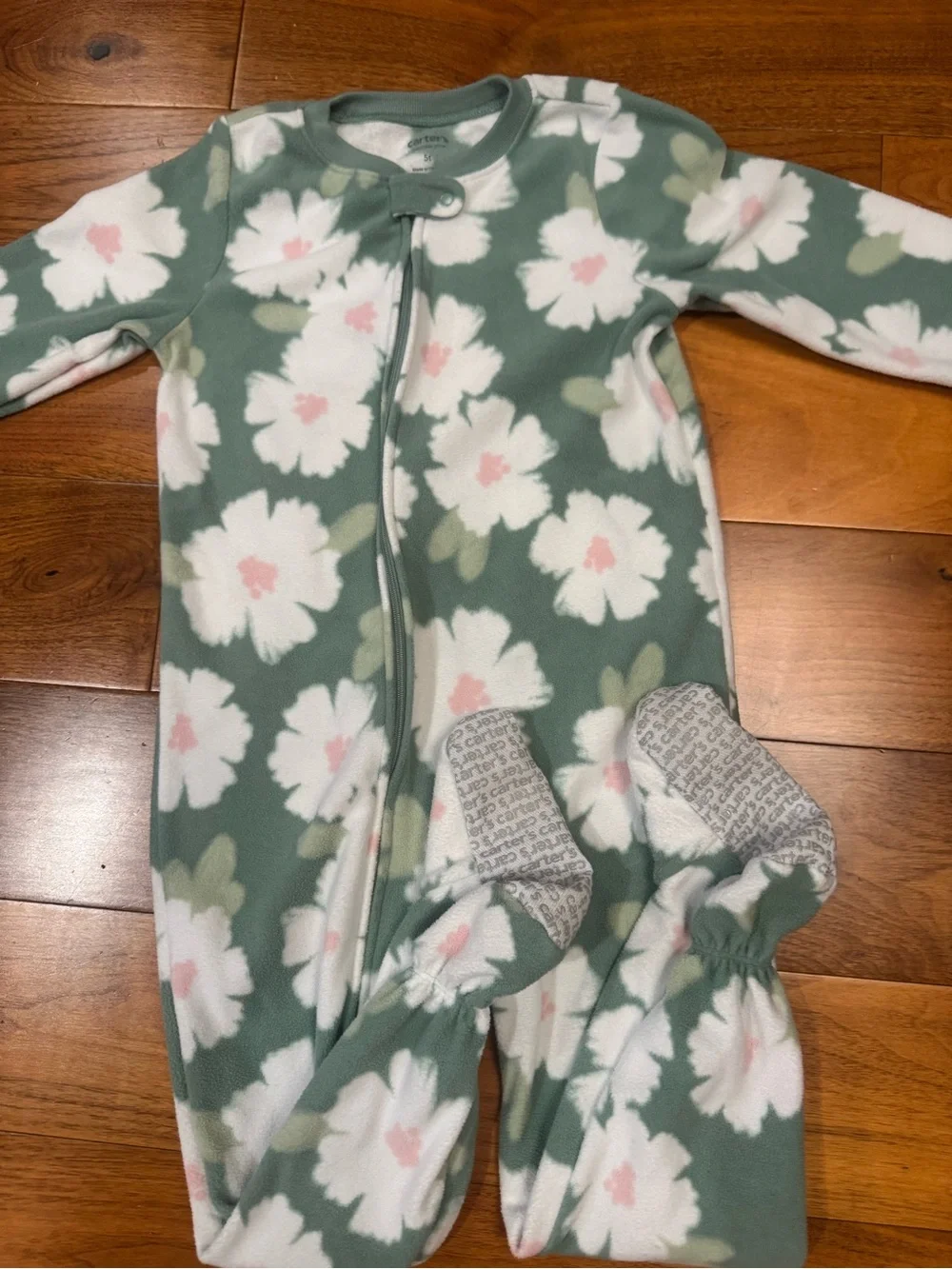 Carter's Sage Green Floral Fleece Footed One-Piece- size 5t
